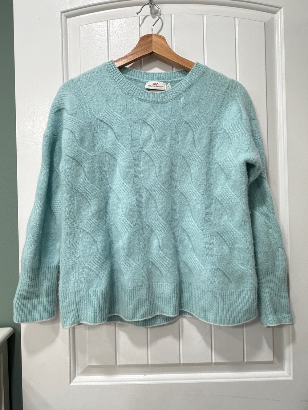 Vineyard Vines 100% Cashmere Light Aqua Cable Knit Crewneck Sweater
